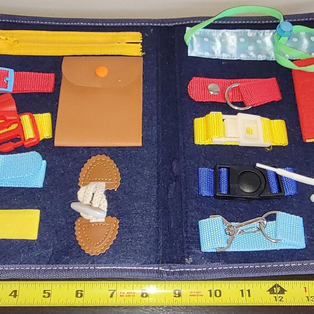 Montessori Learning Book.  Quiet Activity Book.  Blue with buckles/snaps Etc.